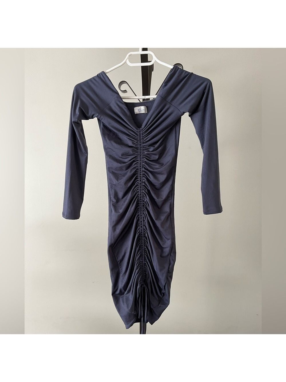 Oh Polly Get Down Tonight Ruche Bardot Mini Dress in Midnight Blue, Size 0.